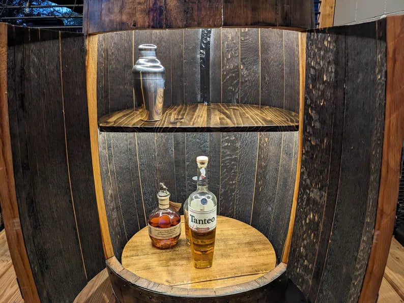 Bourbon Whiskey Barrel Liquor Cabinet – LED Lights, Lazy Susan Shelf, Rustic Home Bar Storage, Custom Handmade Barrel Furniture