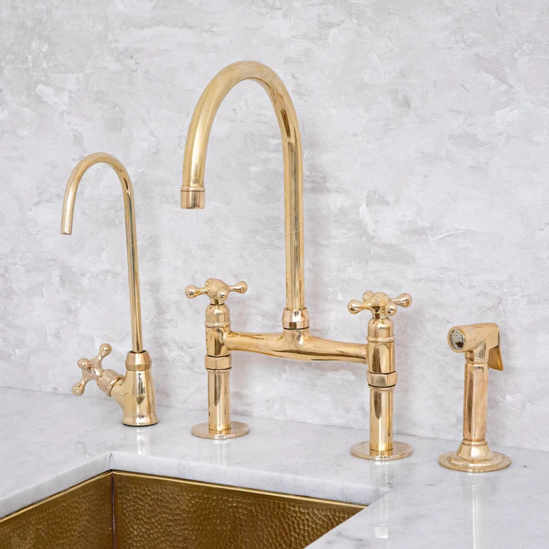 Unlacquered Brass Kitchen Faucet, Brass Bridge Faucet With Sprayer and Cold Water Faucet