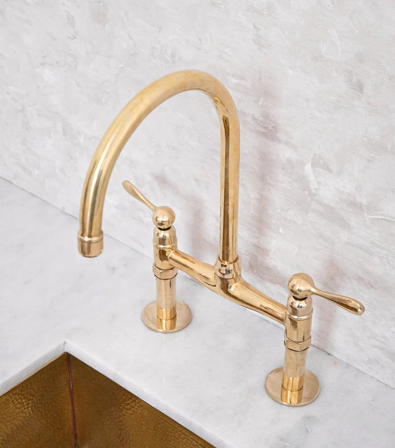 Unlacquered Brass Kitchen Faucet, Brass Bridge Faucet With Sprayer and Cold Water Faucet