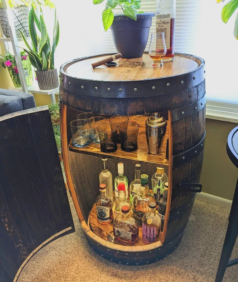 Bourbon Whiskey Barrel Liquor Cabinet – LED Lights, Lazy Susan Shelf, Rustic Home Bar Storage, Custom Handmade Barrel Furniture